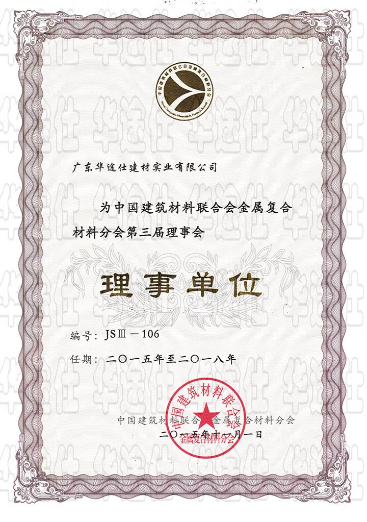 Director Unit Certificate for China Building Materials Association Metal Composites Branch